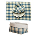 Tischset, Serviette und Brotkorb als Set in Karomuster in den Farben beige und blau. Klassisch Vintage-Look